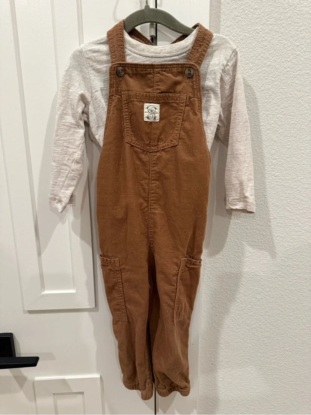 Rust Brown Corduroy Overalls with Cream Long Sleeve Tee